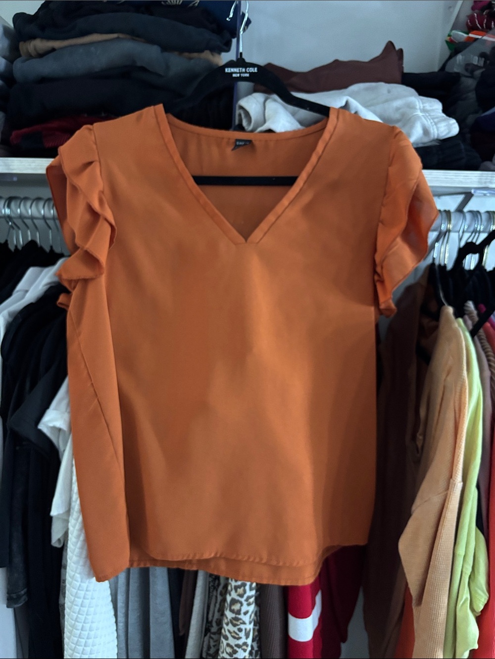 Kenneth Cole Orange V-Neck Ruffle Sleeve Blouse